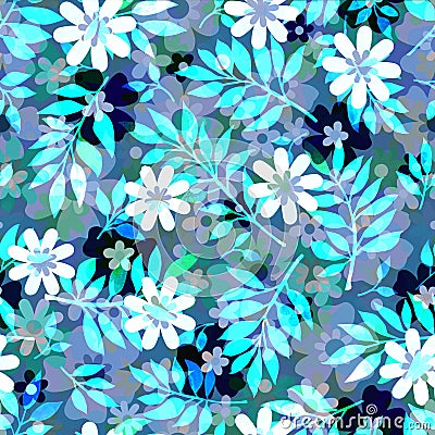 Cute spring summer layered flower seamless pattern Multicolor transparent delicate flowers on a blue tones background Stock Photo