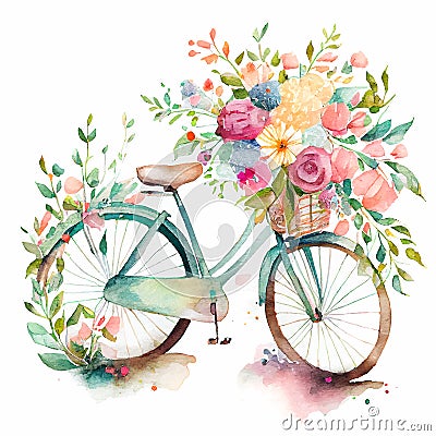 Cute Spring Watercolor Bicycle with Flowers on white background Illustration Generative AI Vector Illustration