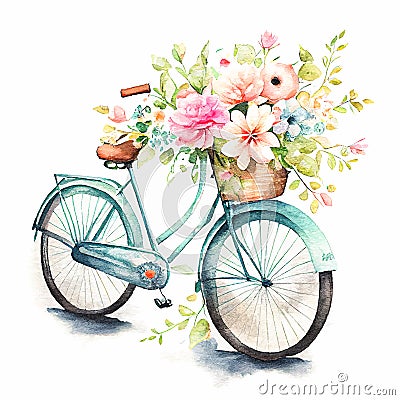 Cute Spring Watercolor Bicycle with Flowers on white background Illustration Generative AI Vector Illustration