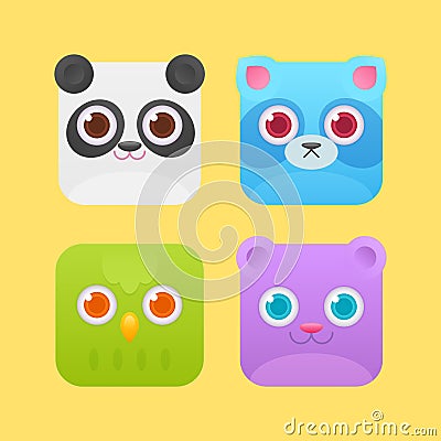 Cute square animals icons for games Vector Illustration