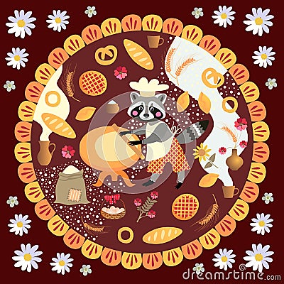 Cute square card with raccoon baker and bakery products. Vector Illustration