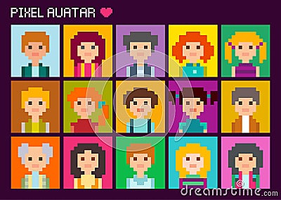 Cute square pixel colourful avatars Vector Illustration
