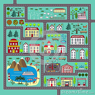 Cute square road play mat for kids activity and entertainment Vector Illustration