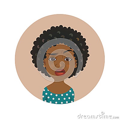 Cute squeamish Afro American woman avatar. Overcritical African girl emoji. Skeptical dark-skinned person facial expression. Vector Illustration