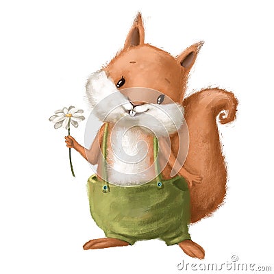 Cute squirrel with chamomile, watercolor clipart, children`s illustration with cartoon character Cartoon Illustration