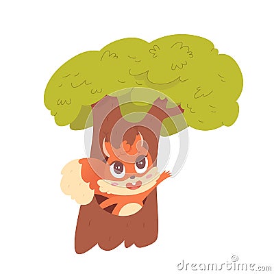 Cute squirrel character sitting inside hole in trunk of tree, finding home in forest Vector Illustration