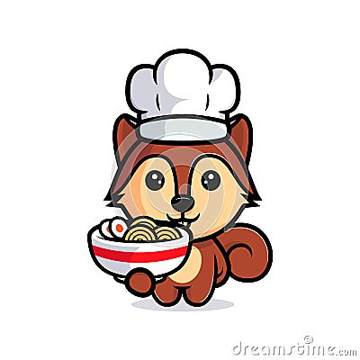 Cute squirrel chef with ramen noodle mascot character. Animal icon illustration Vector Illustration