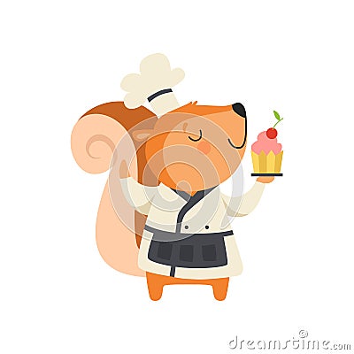 Cute squirrel in chef uniform holding cupcake, cartoon animal character cooking vector Illustration on a white Vector Illustration