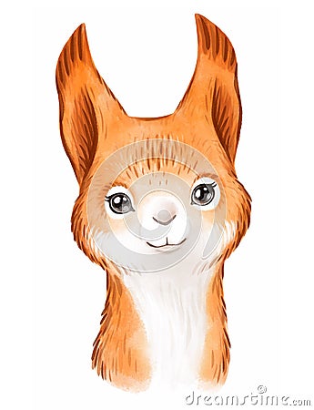 Cute squirrel face watercolor hand drawn illustration. Woodland animals portrait. Cartoon Illustration