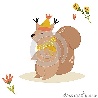 Cute squirrel in a hat and scarf. Forest animal Vector Illustration