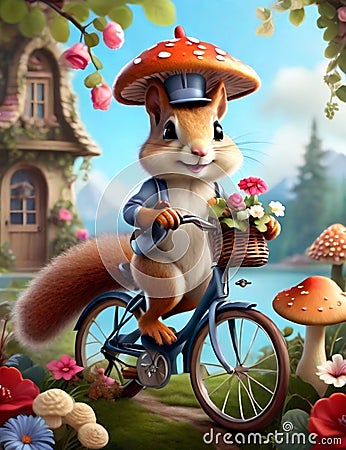 A cute squirrel wearing mushroom hat, riding a bicycle with flower, in a whimsical landscape of flower and mushroom, sky, clouds Stock Photo