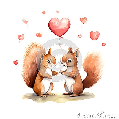 Cute Squirrels for Valentines Day. Watercolor. AI generated Stock Photo