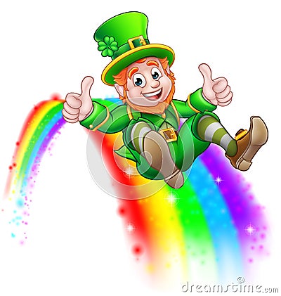 St Patricks Day Leprechaun Sliding on Rainbow Vector Illustration