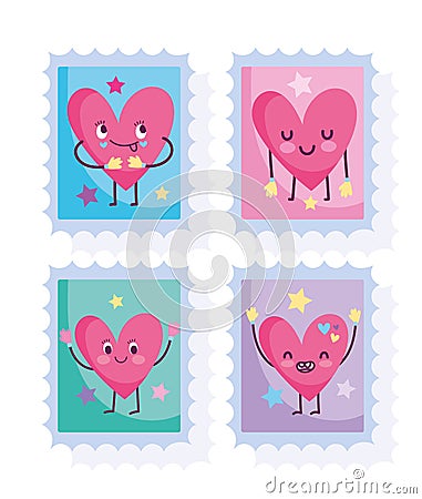 Cute stamps, adorable love hearts lovely romantic icons Vector Illustration