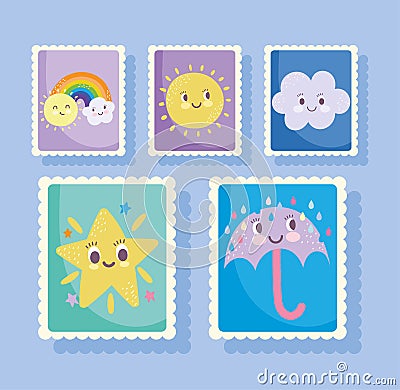 Cute stamps, cartoon star umbrella rain rainbow clouds sun icons Vector Illustration