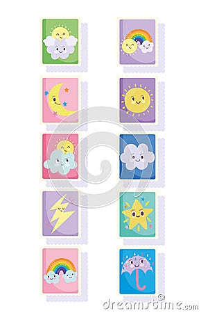 Cute stamps, moon sun clouds rainbow stars rain umbrella icons set Vector Illustration