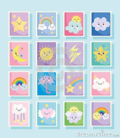 Cute stamps, weather fantasy clouds sun moon rainbow rain umbrella cartoon Vector Illustration