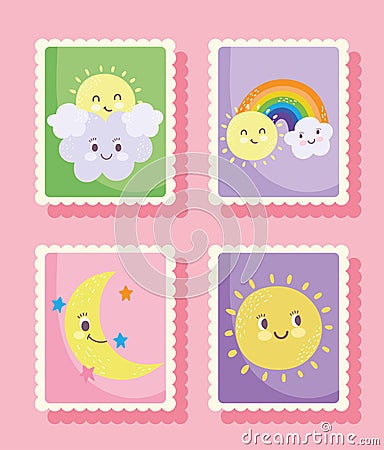 Cute stamps, weather sun rainbow clouds moon icons Vector Illustration