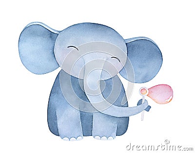 Cute standing baby elephant character blowing soap bubbles. Stock Photo