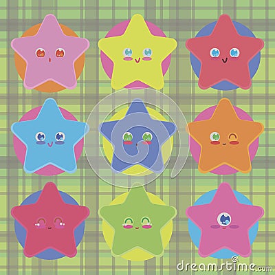 Cute stars with eyes are kawai multi-colored bright isolated vector objects stickers on the background of contrasting circles and Vector Illustration