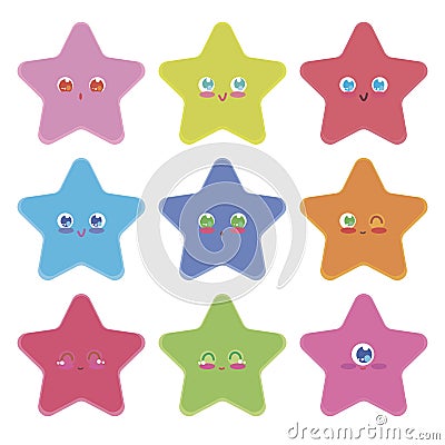 Cute stars with eyes kawaiy multicolored bright isolated vector objects stickers on white background. Vector Illustration