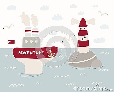 Cute steamboat and lighthouse illustration Vector Illustration