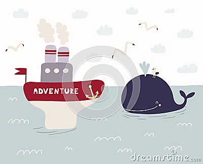 Cute steamboat and whale illustration Vector Illustration