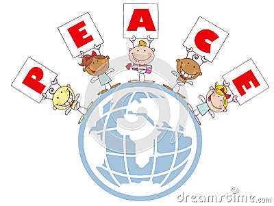 Cute Stick Cupids Holding Peace Signs On A Globe Vector Illustration