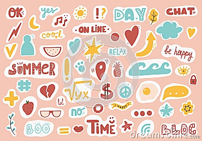 Cute sticker template decorated with cartoon image and trendy lettering. Signs, symbols, objects for scheduler or Vector Illustration