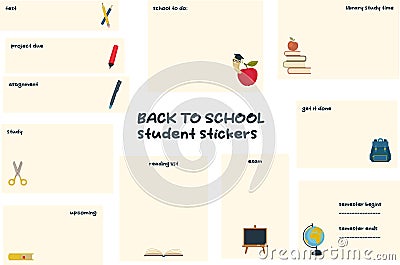 Cute stickers for bullet journaling or planning for students. Back to school student stickers Vector Illustration