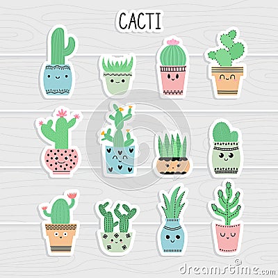 Cute stickers set of cacti and succulents. Cacti in flower pots. Cartoon icons. Collection of exotic plants Vector Illustration