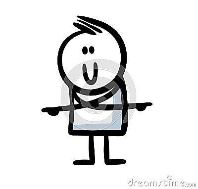 Cute stickman character he wants to confuse us and points his fingers in a different direction with pleasent smile on Vector Illustration