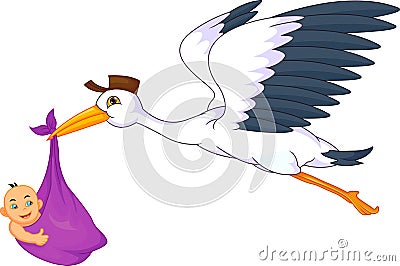 Cute stork carrying baby Vector Illustration