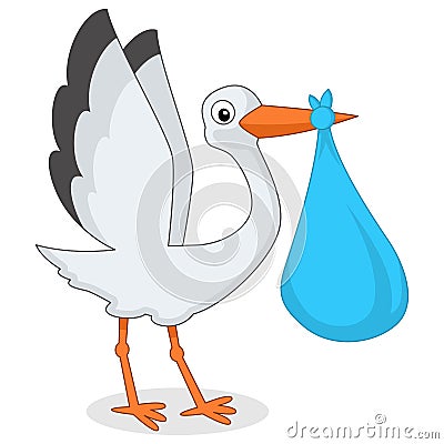 Cute Stork with Newborn Baby Boy Vector Illustration