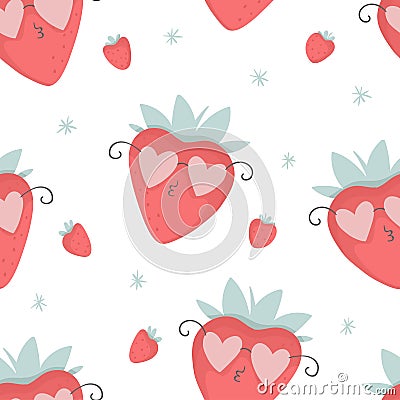 Cute strawberries in pink glasses seamless pattern, nursery isolated illustration Vector Illustration