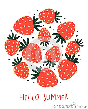 Cute strawberries round element isolated on white - cartoon objects for happy summer design Vector Illustration