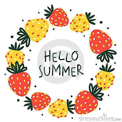 Cute strawberries round frame isolated on white - cartoon objects for happy summer design Vector Illustration