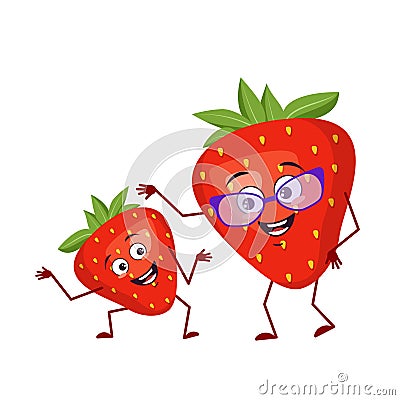 Cute strawberry character funny grandmother and grandson, arms and legs. The funny or sad hero, red fruit and berry with Vector Illustration