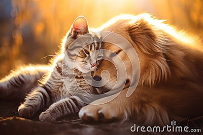 Cute striped cat and Labrador dog cuddling on sunny summer day. Friendship between kitten and puppy Stock Photo