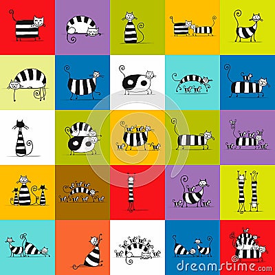 Cute striped cats family, seamless pattern for your design Vector Illustration