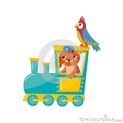 Cute striped tiger and parrot with colorful feathers. Cartoon animals traveling by train. Zoo theme. Flat vector element Vector Illustration