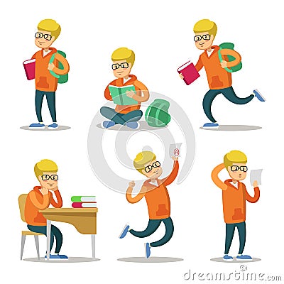 Cute Student Cartoon Character Set. Teenager with Book Vector Illustration