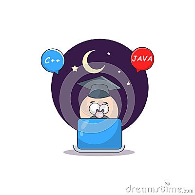 Cute student programming, programming in the evening student operating Laptop at night. Cartoon Vector Icon Illustration.Can be Cartoon Illustration