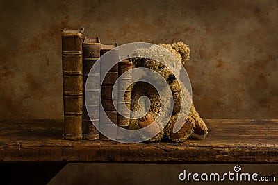 Cute stuffed bear on antique shelf Stock Photo