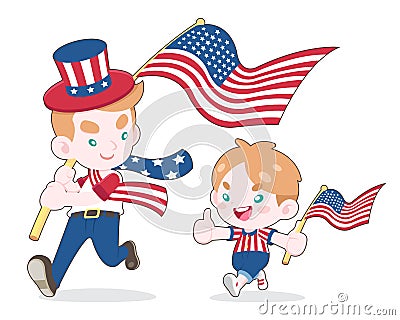 Cute style man and a boy waving USA flags cartoon illustration Vector Illustration