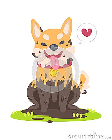Cute muddy dog sitting on grass floor vector illustration Vector Illustration