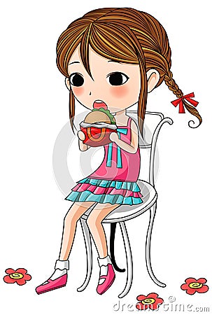 A cute stylish cartoon girl is eating hamburger Vector Illustration