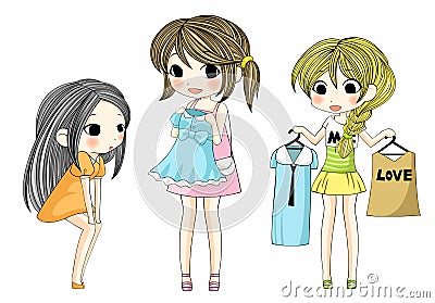 Cute stylish cartoon girls showing her new dress v Vector Illustration