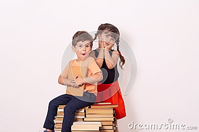 Cute stylish children back to school. Fashion for school kids, uniform. Pupil of primary school. Stock Photo