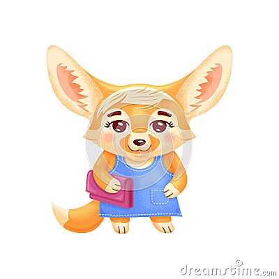 Cute stylish dressed female fennec fox with clutch bag Vector Illustration